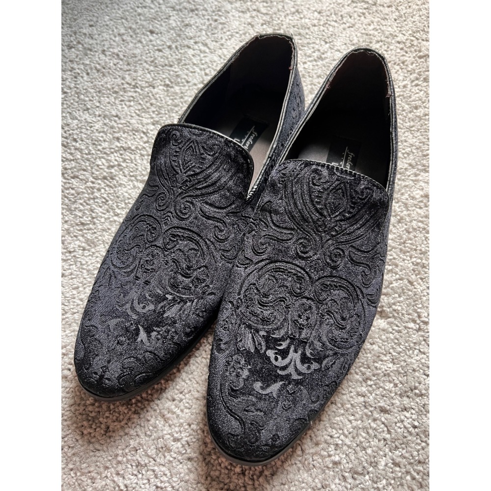 Frederico Leone Mens Black Velvet Paisley Damask Loafer Formal Shoes FS-650 10.5